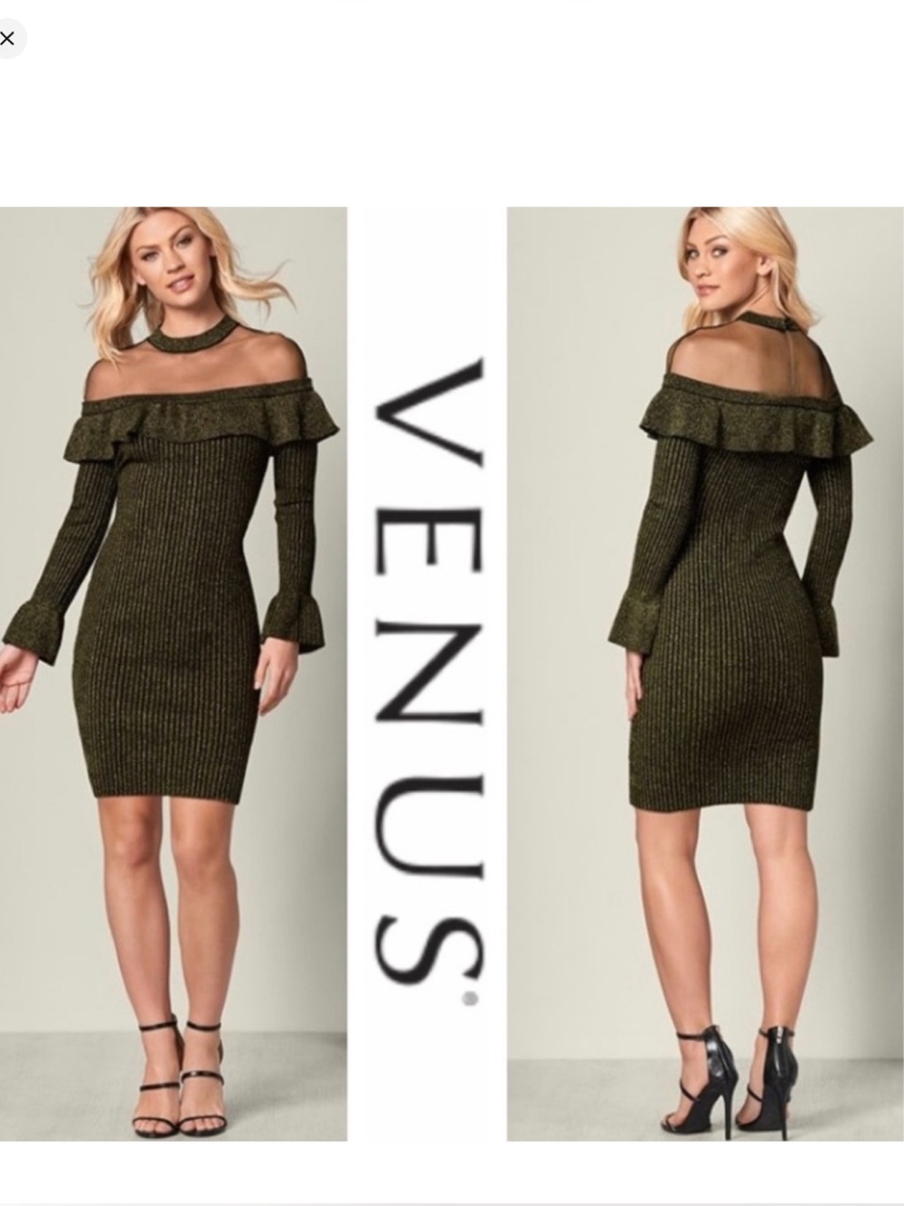 VENUS RUFFLE‎ DETAIL BLACK WITH GOLD THREAD THROUGHOUT SWEATER DRESS. SIZE MED.